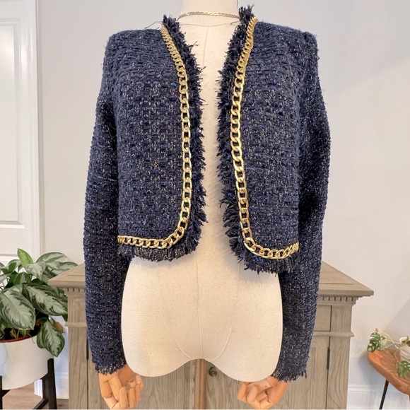 Christian Lacroix Jackets & Blazers - NWOT Christian Lacroix Navy and Gold Metallic Tweed Cropped Blazer | Small